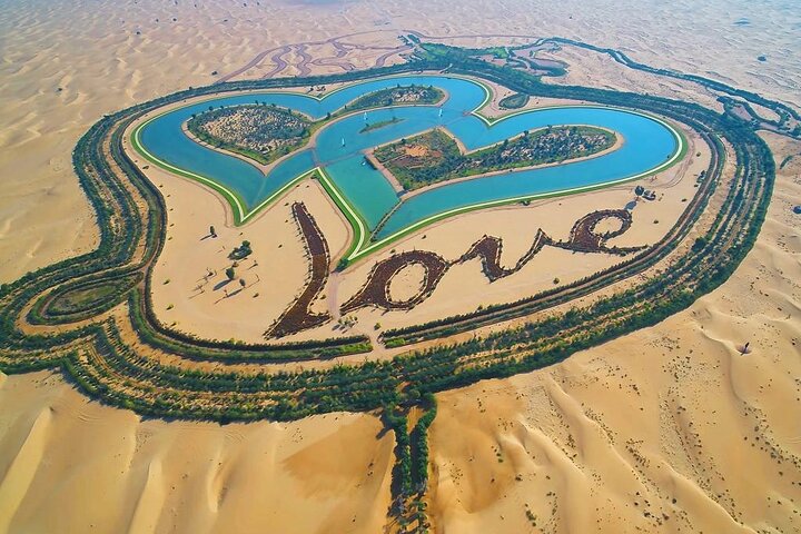 Romantic view of Love Lake surrounded by desert landscape