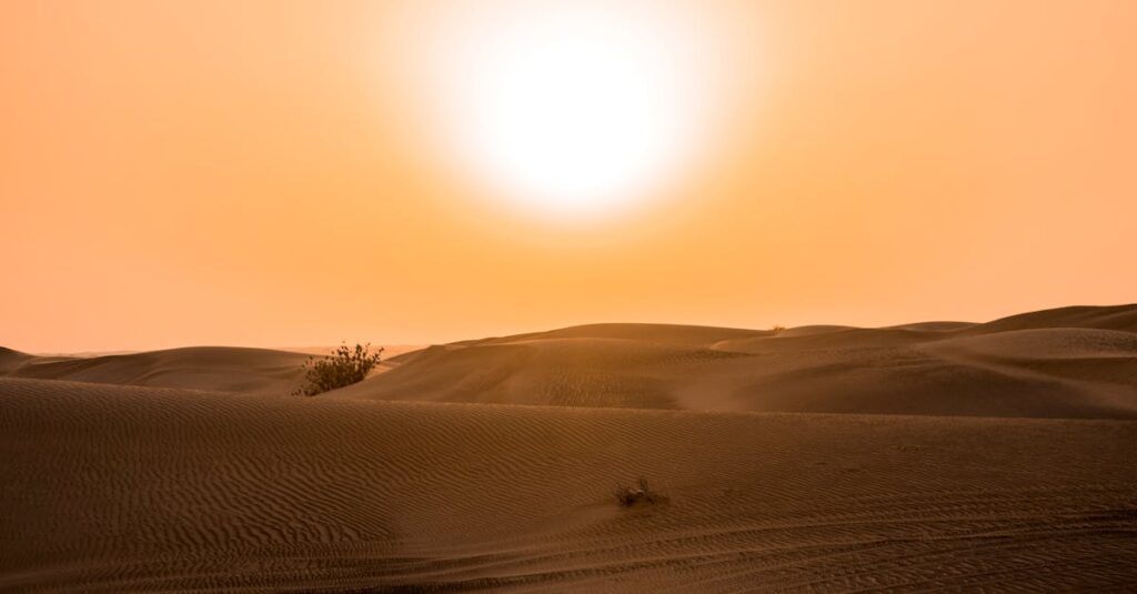 Scenic view of the sun setting over sand dunes in the Dubai desert.